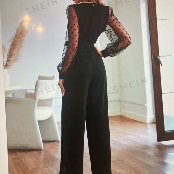 Holiday ready,Black jumpsuit with sheer polka dot sleeves, - Picture 2 of 2